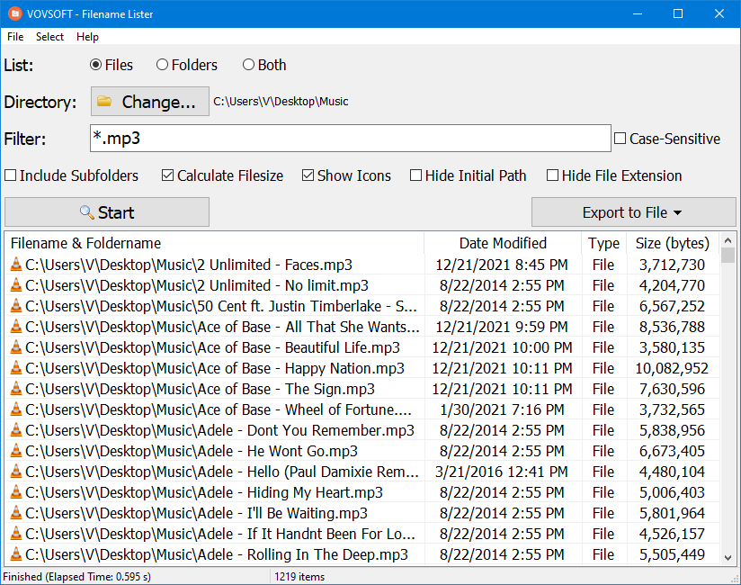 Windows 10 Filename Lister full