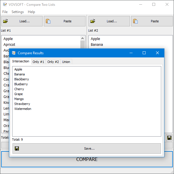List Comparison Programing Compare Two Lists for PC | Shows differences between 2 lists - Vovsoft