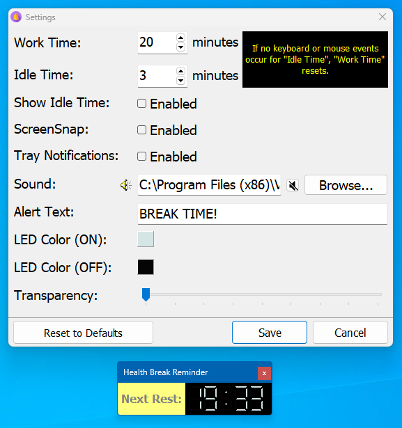Health Break Reminder Screenshot